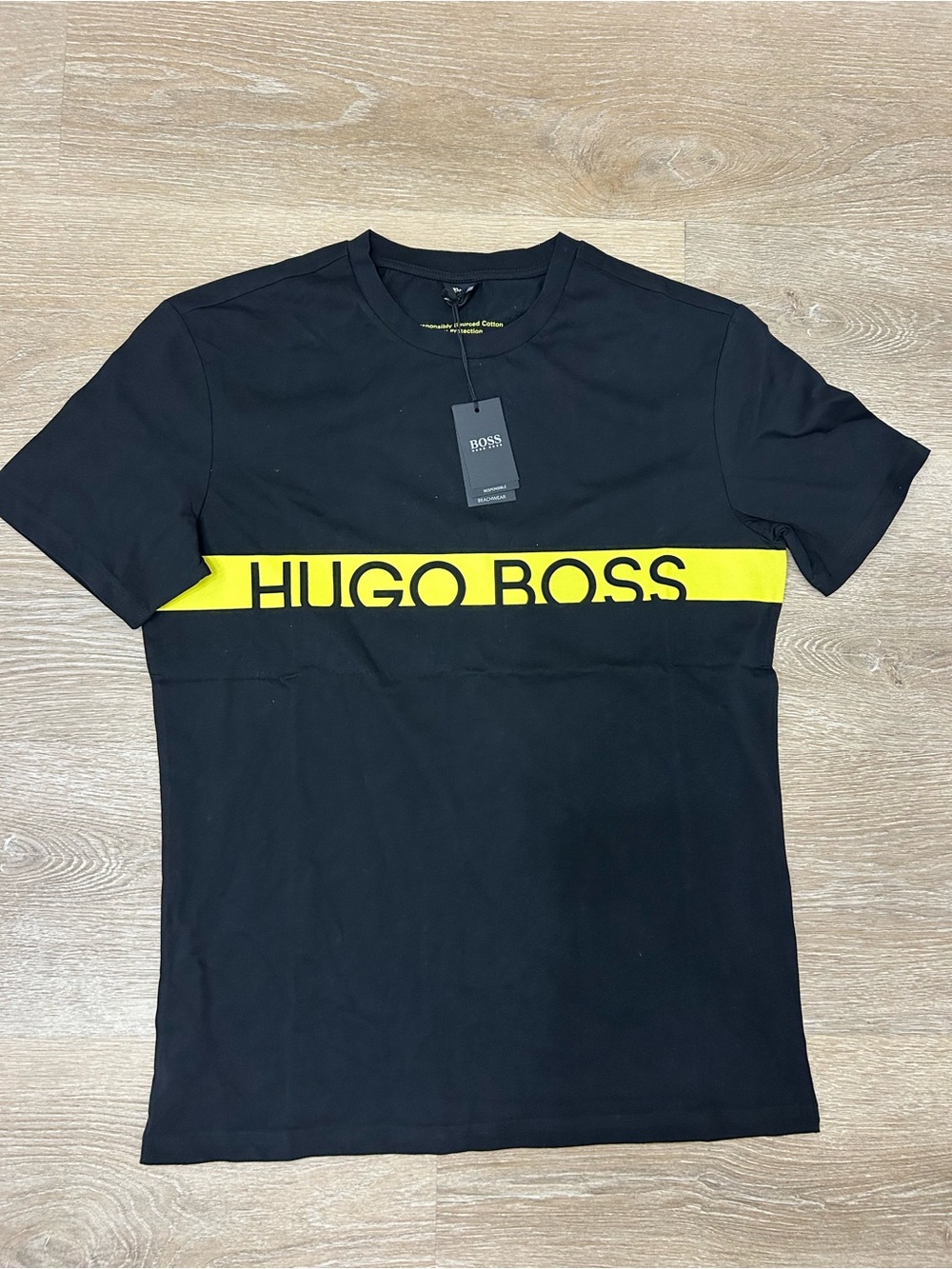 HUGO BOSS Men’s Black T-Shirt Yellow Logo Stripe Responsible Beachwear